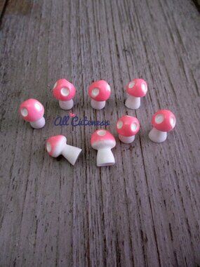 (NWOT) 8pc Pink Miniature Mushroom Figurines for Crafts or Fairy Gardens